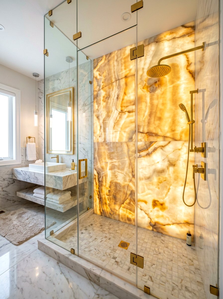 Onyx Shower Wall - 30 stone slab shower ideas