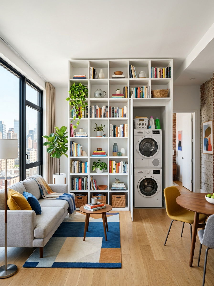 Open Bookshelf Room Partition - 30 utility area screen ideas