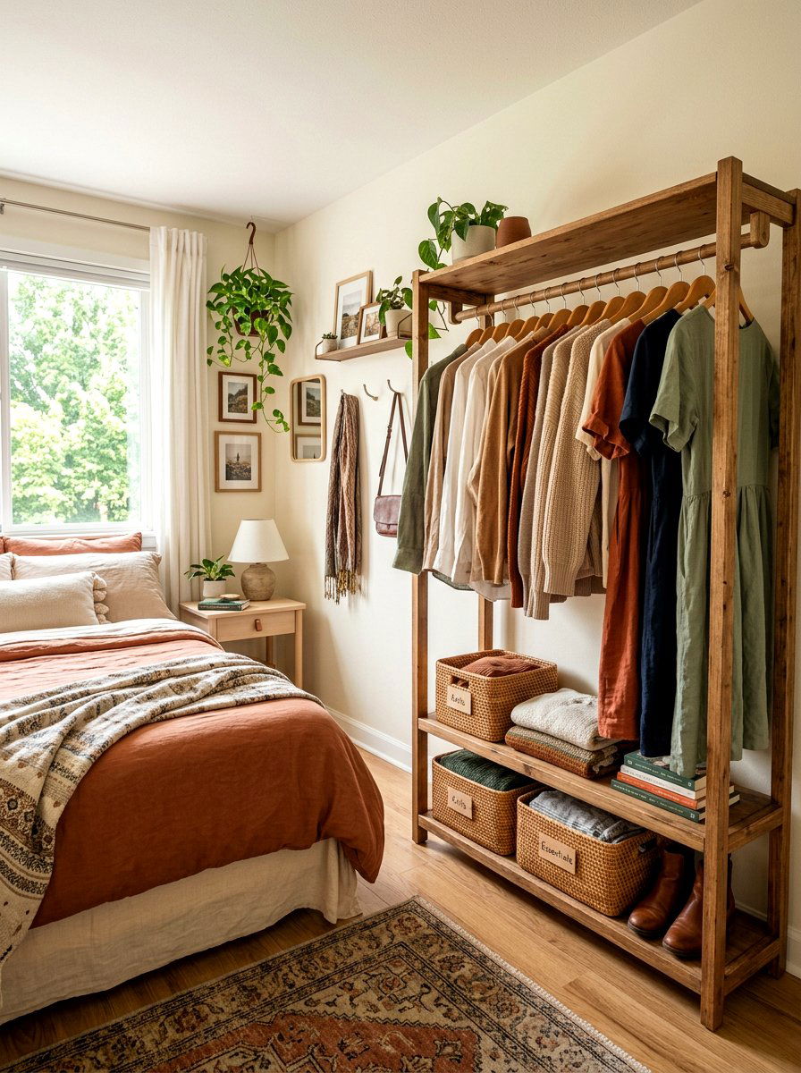 Open Clothing Rack - 30 tiny cottage bedroom ideas