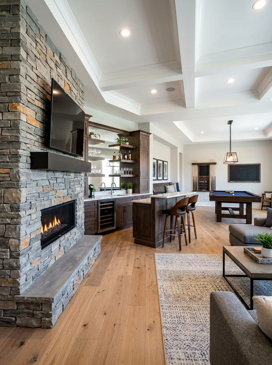 Open Concept Basement - 30 basement fireplace ideas