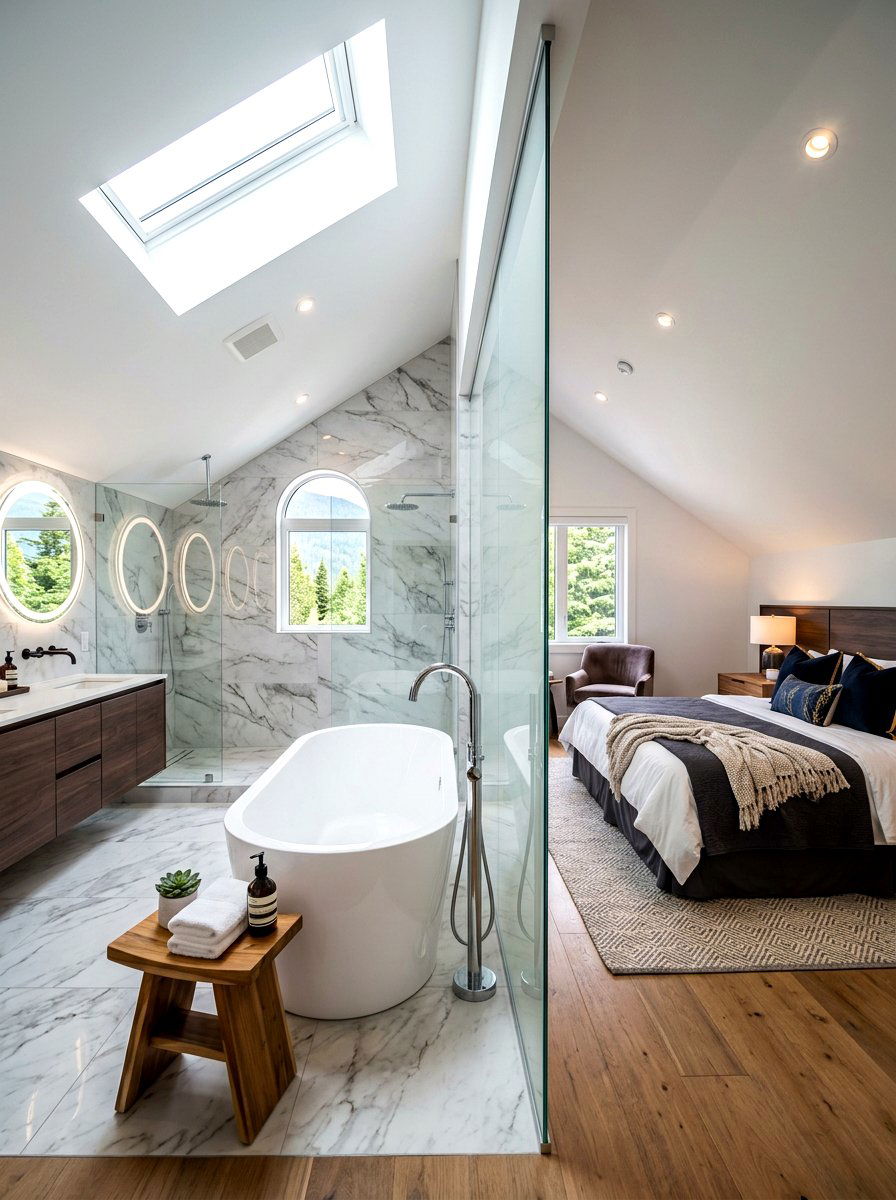Open Concept Ensuite - 30 sloped ceiling bedroom ideas