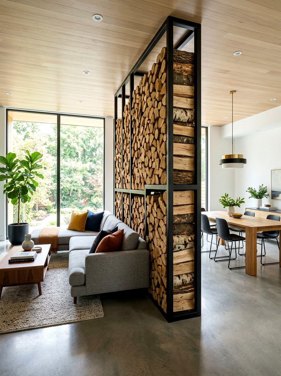 Open Concept Room Divider - 30 firewood storage wall ideas