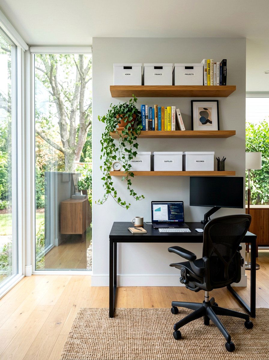 Open Floating Shelving - 30 office supply storage ideas