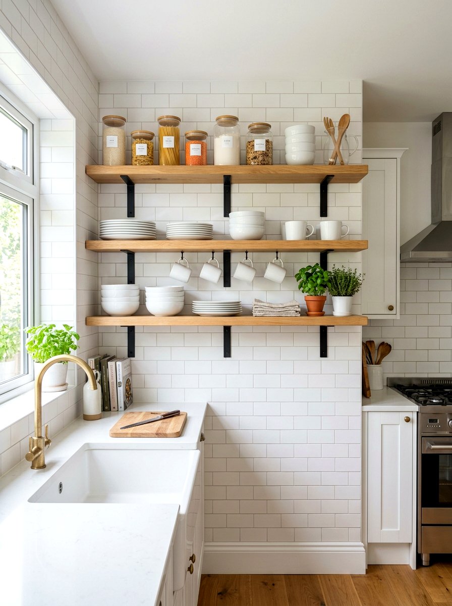 Open Kitchen Shelving - 30 modern farmhouse decor ideas