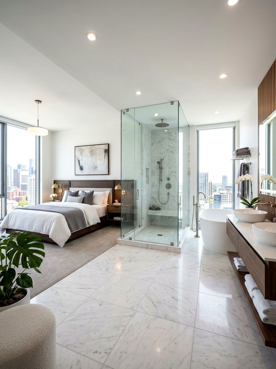Open Plan Bathroom - 30 romantic hotel bedroom ideas
