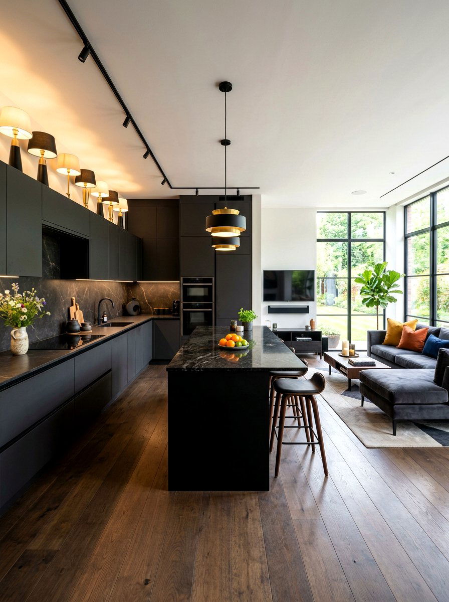 Open Plan Dark Kitchen - 30 moody lamp lit kitchen ideas