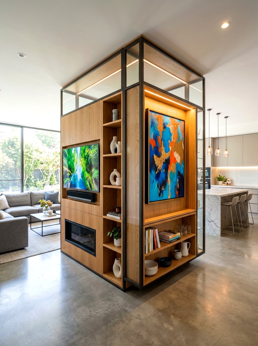 Open Plan Media Wall Divider - 30 built in media wall ideas