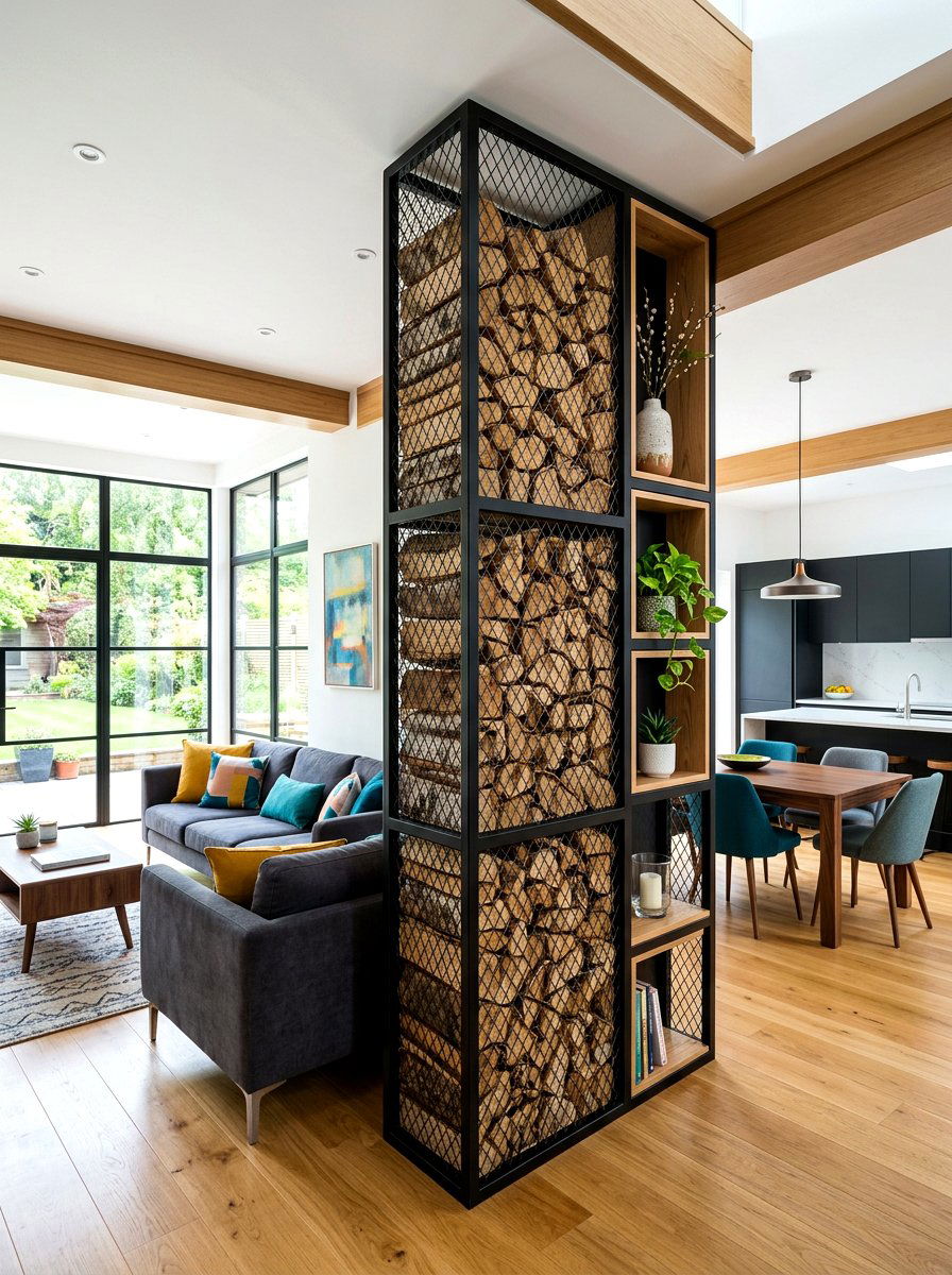 Open Plan Room Divider Wood Stack - 30 firewood storage wall ideas