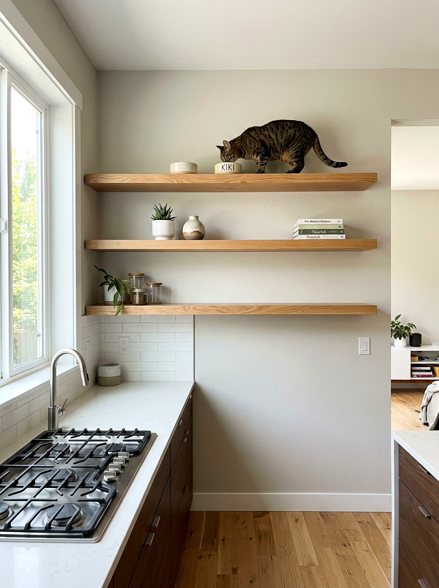 Open Shelf Cat Feeding Station - 30 aesthetic pet station kitchen ideas