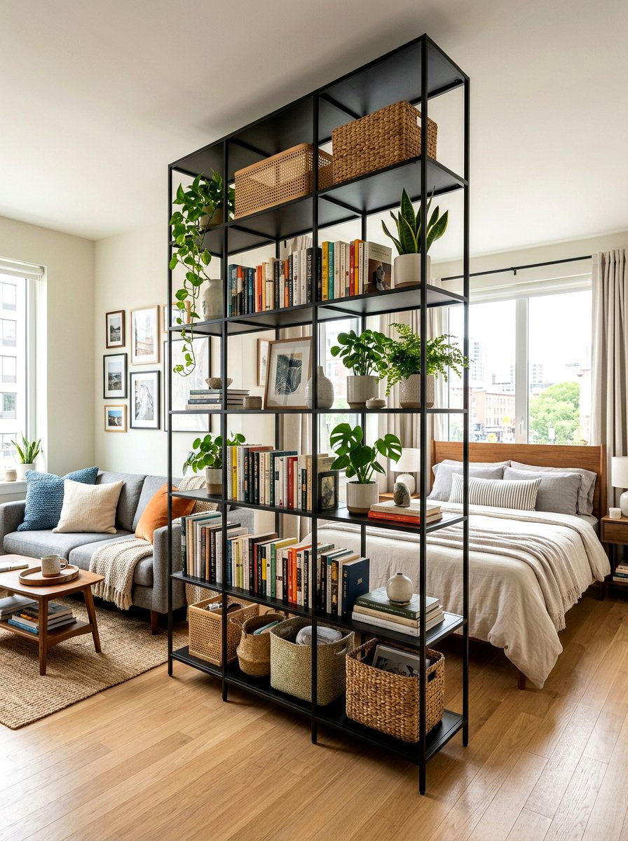 Open Shelf Divider Storage - 30 studio apartment storage ideas