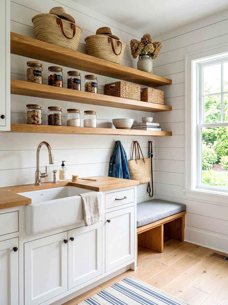 Open Shelf Mudroom Storage - 30 mudroom laundry sink ideas