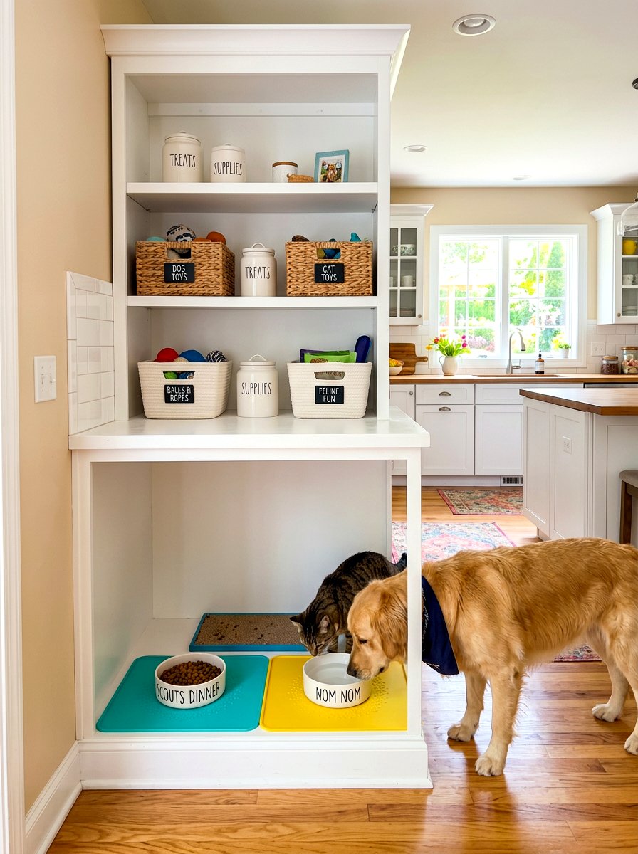 Open Shelf Pet Feeding - 30 mudroom pet feeding ideas
