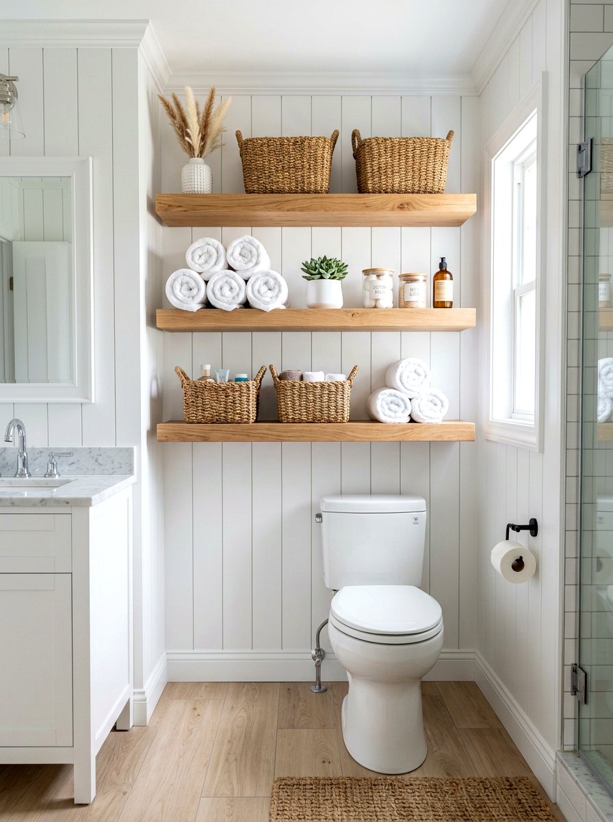 Open Shelf Storage - 30 farmhouse bathroom ideas