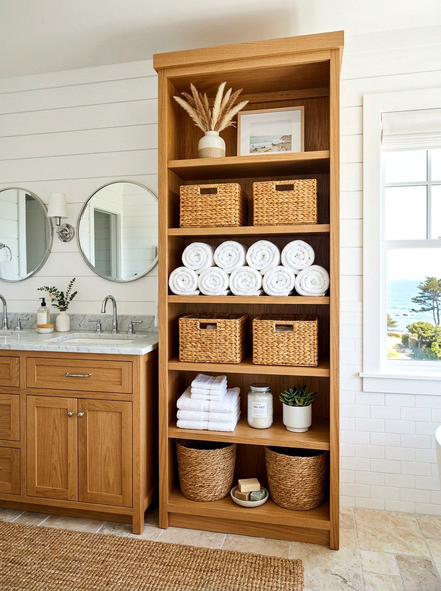 Open Shelf Vanity Tower - 30 vanity tower storage ideas