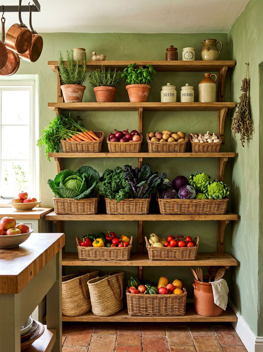 Open Shelf Vegetable Display - 30 cabbagecore kitchen ideas