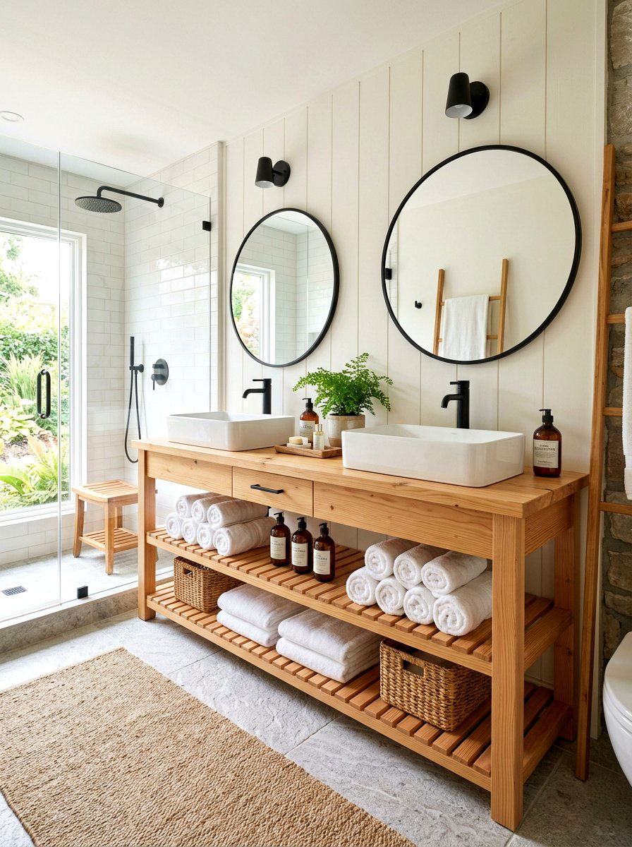 Open Shelf Wood Bathroom - 30 double vanity ideas