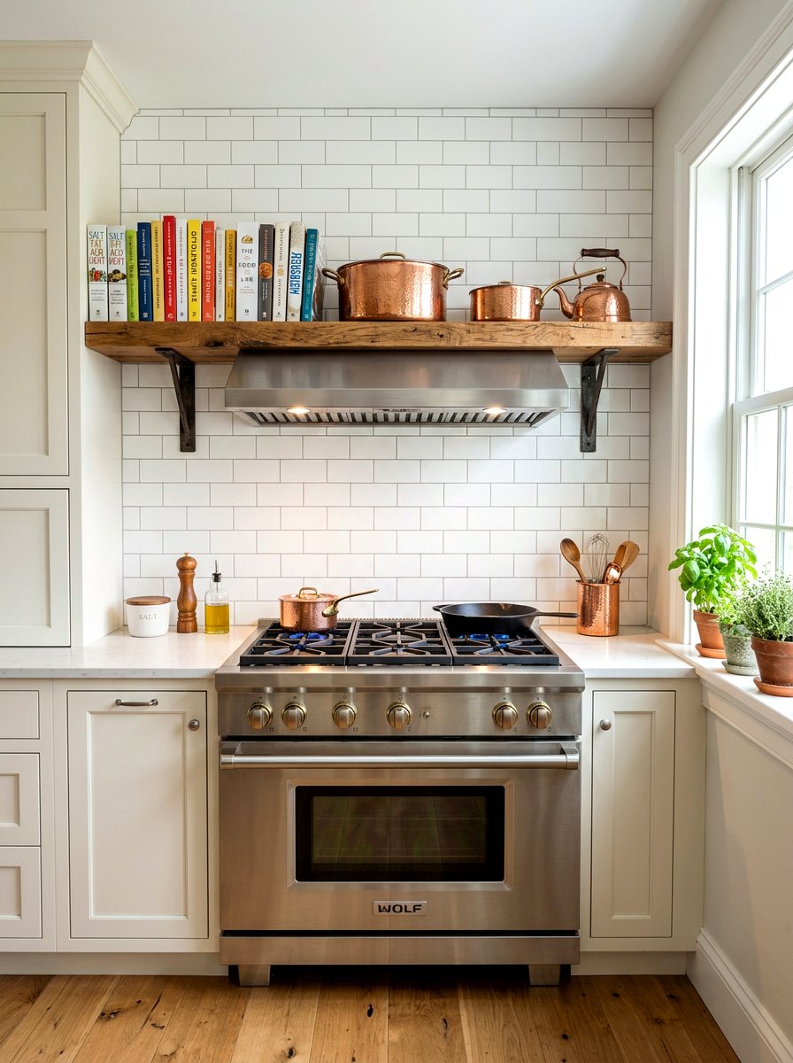 Open Shelving Above Stove - 30 physical cookbook kitchen ideas