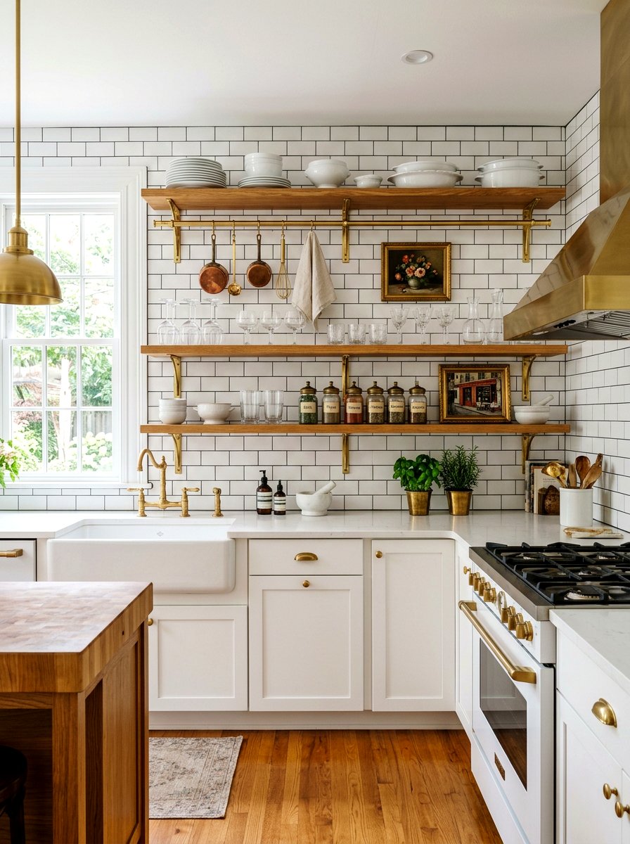 Open Shelving Brass Rail - 30 Paris cafe kitchen ideas