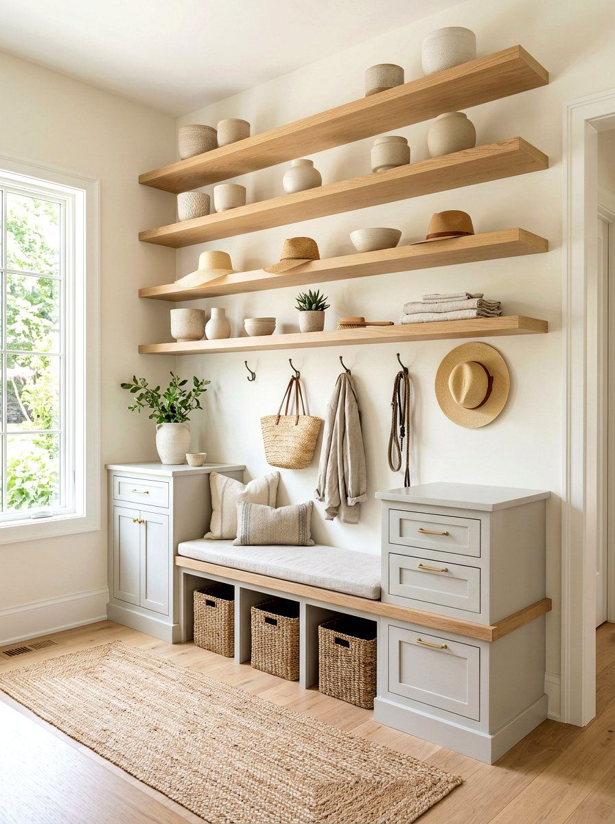 Open Shelving Display - 30 quiet luxury mudroom ideas