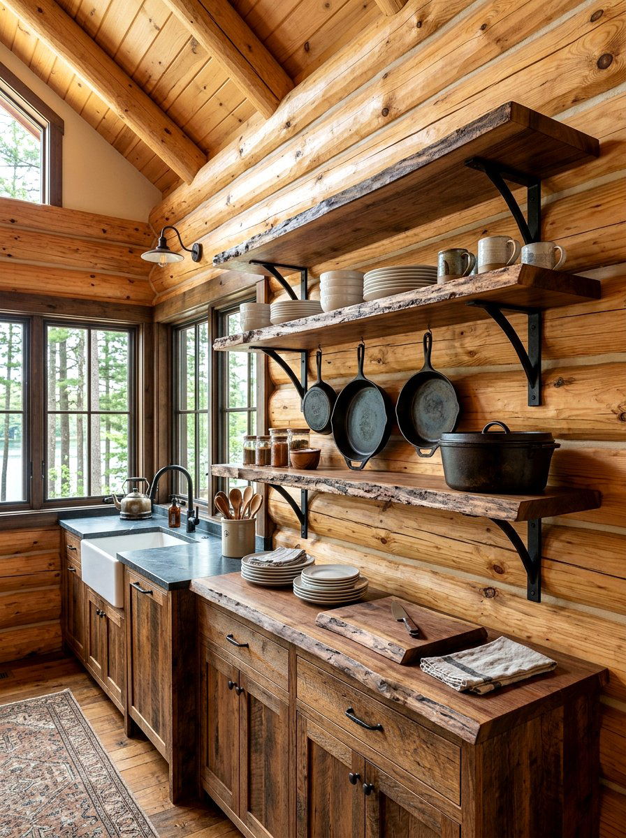 Open Shelving Log Cabin - 30 cabin kitchen ideas