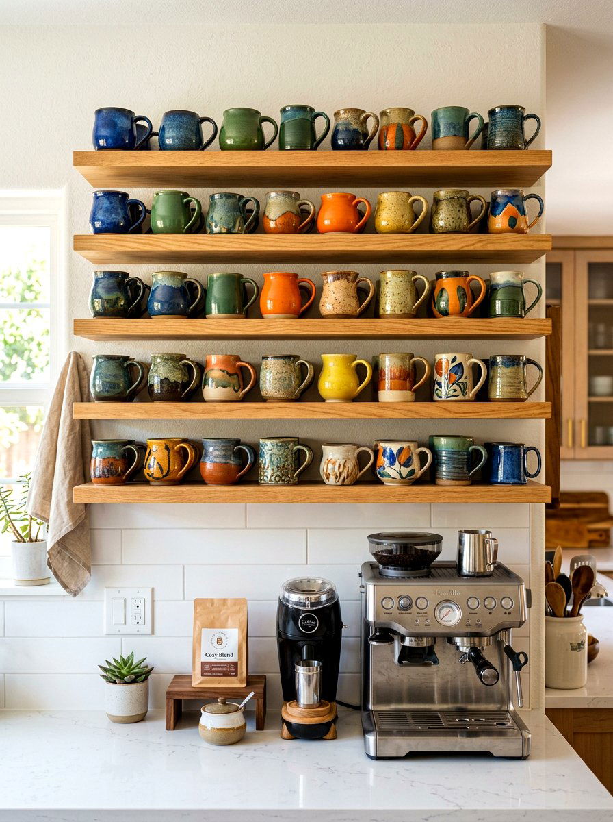 Open Shelving Mug Display - 30 beverage pantry ideas aesthetic
