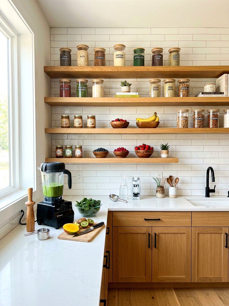 Open Shelving Smoothie Station - 30 smoothie nook kitchen ideas