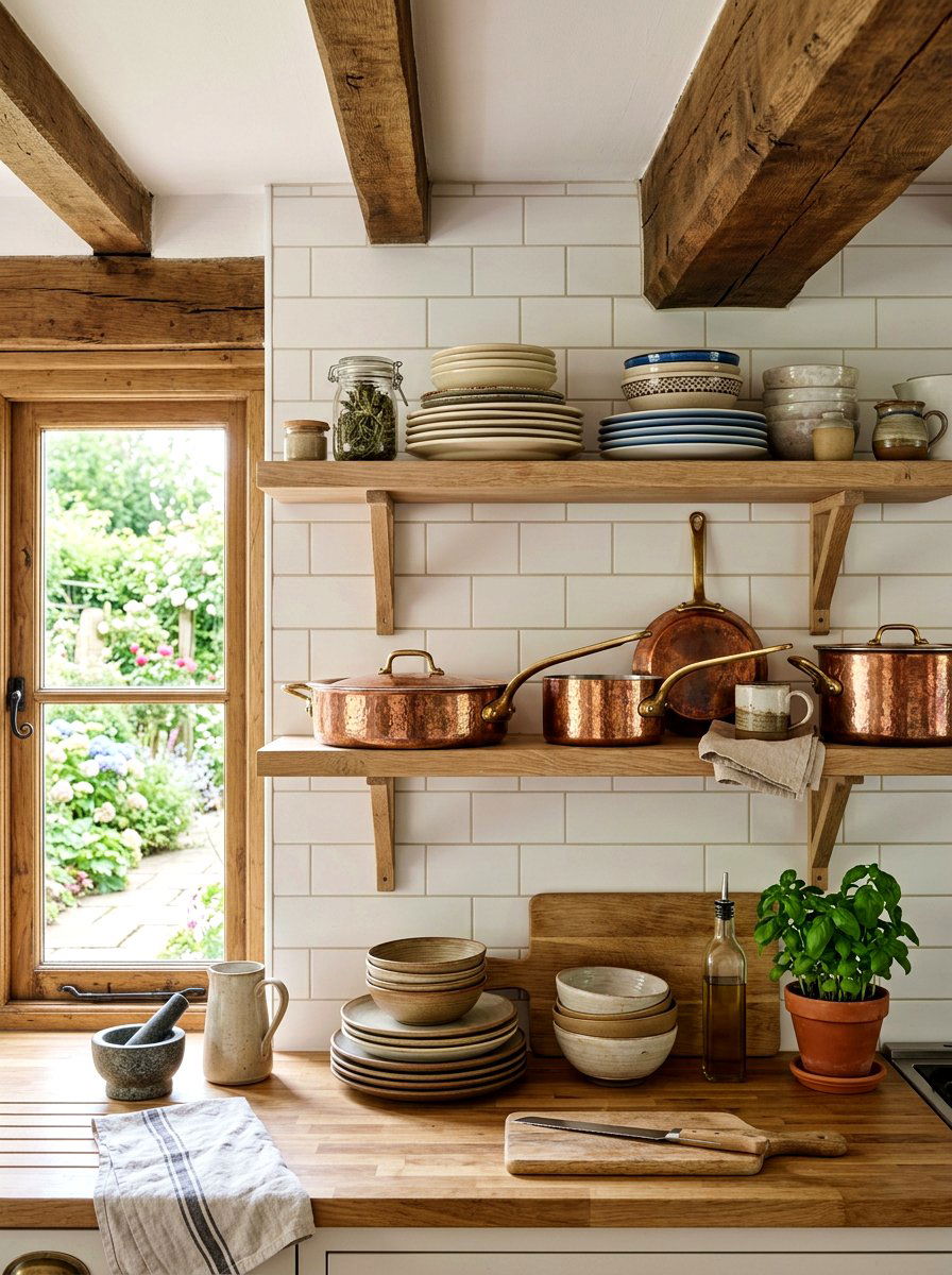 Open Shelving With Copper Cookware - 30 copper kitchen accent ideas