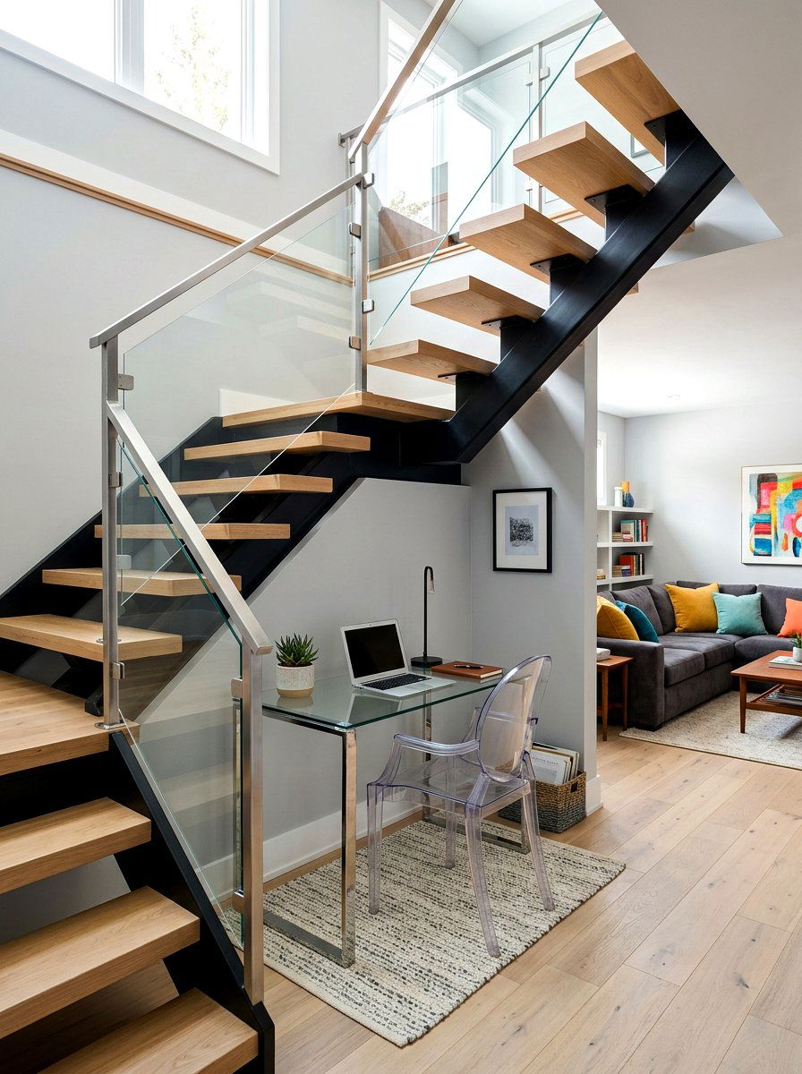 Open Staircase Desk - 30 basement office nook ideas