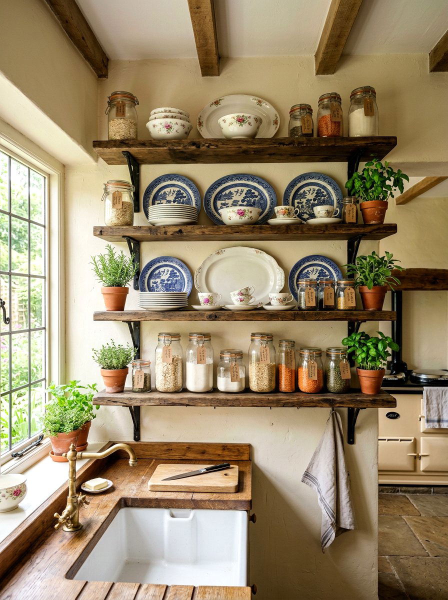Open Timber Shelving - 30 vintage cottage kitchen ideas