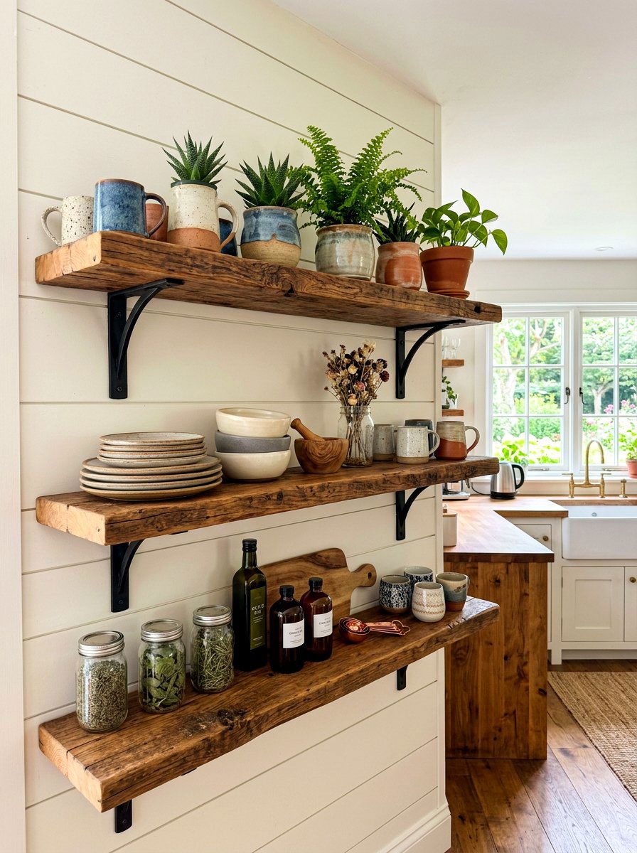 Open Timber Wall Shelving - 30 English cottage kitchen ideas