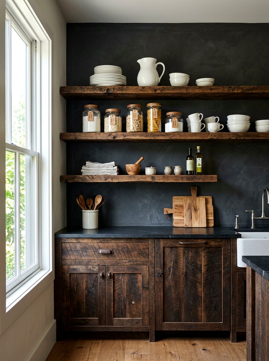 Open Wood Kitchen Shelving - 30 moody cottage kitchen ideas