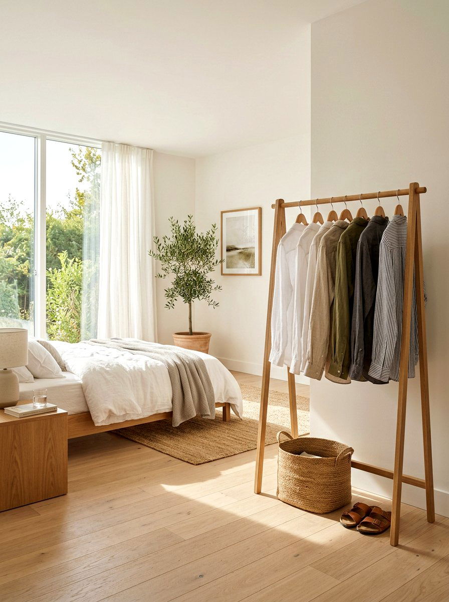 Open Wood Rack - 30 Japandi bedroom ideas