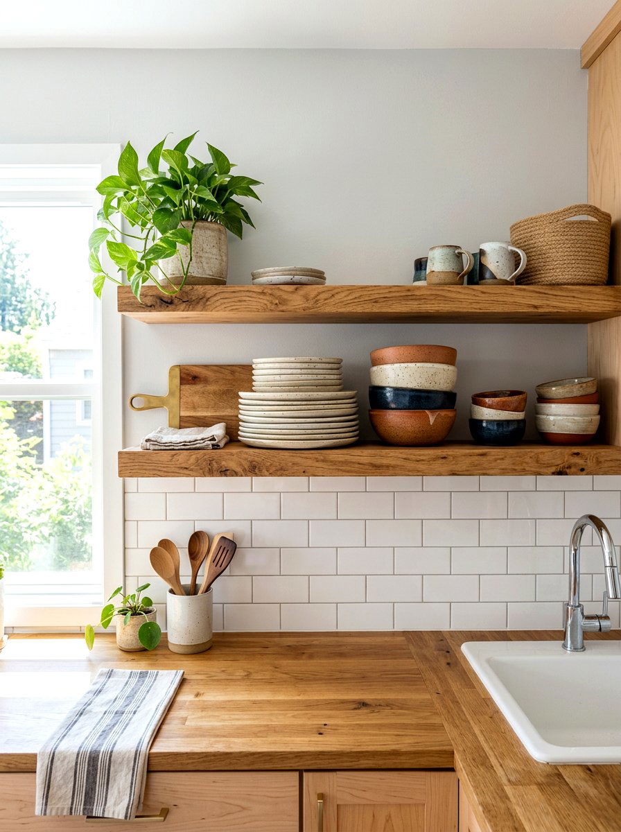 Open Wood Shelf - 30 tiny apartment kitchen ideas