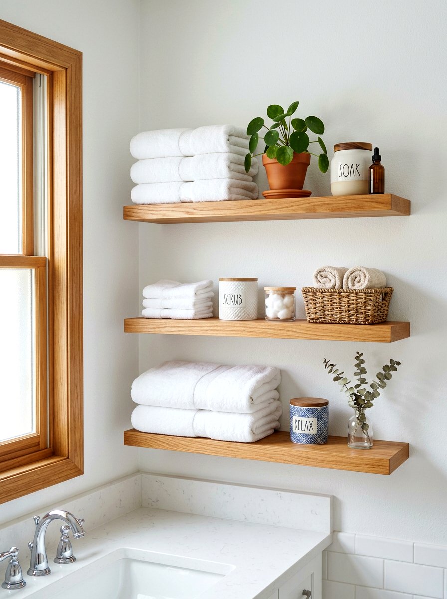 Open Wood Shelving - 30 cottage farmhouse bathroom ideas
