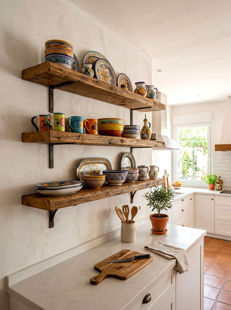 Open Wood Wall Shelf - 30 Spanish style kitchen ideas