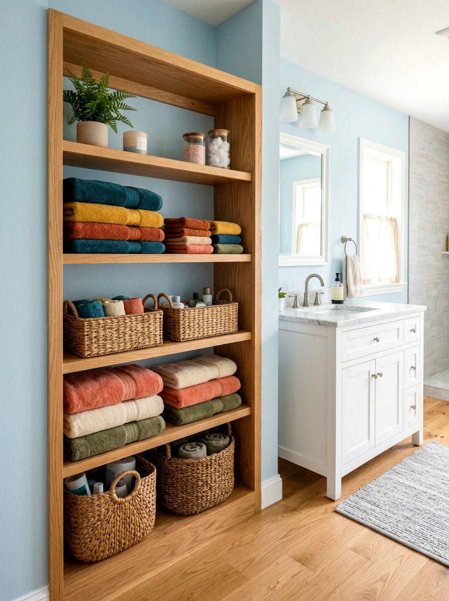 Open Wooden Shelving - 30 kids bathroom decor ideas