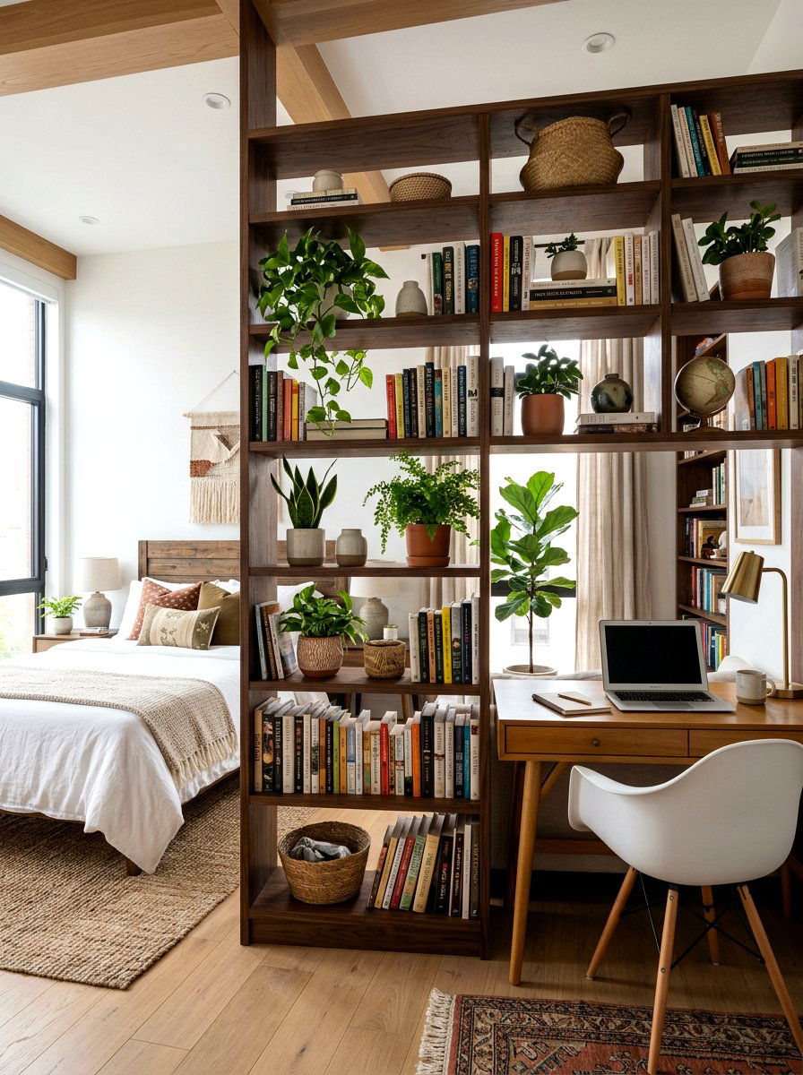 Open bookcase divider - 30 broken floor plan ideas