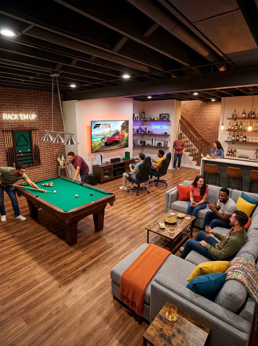 Open concept basement game room - 30 basement game room ideas