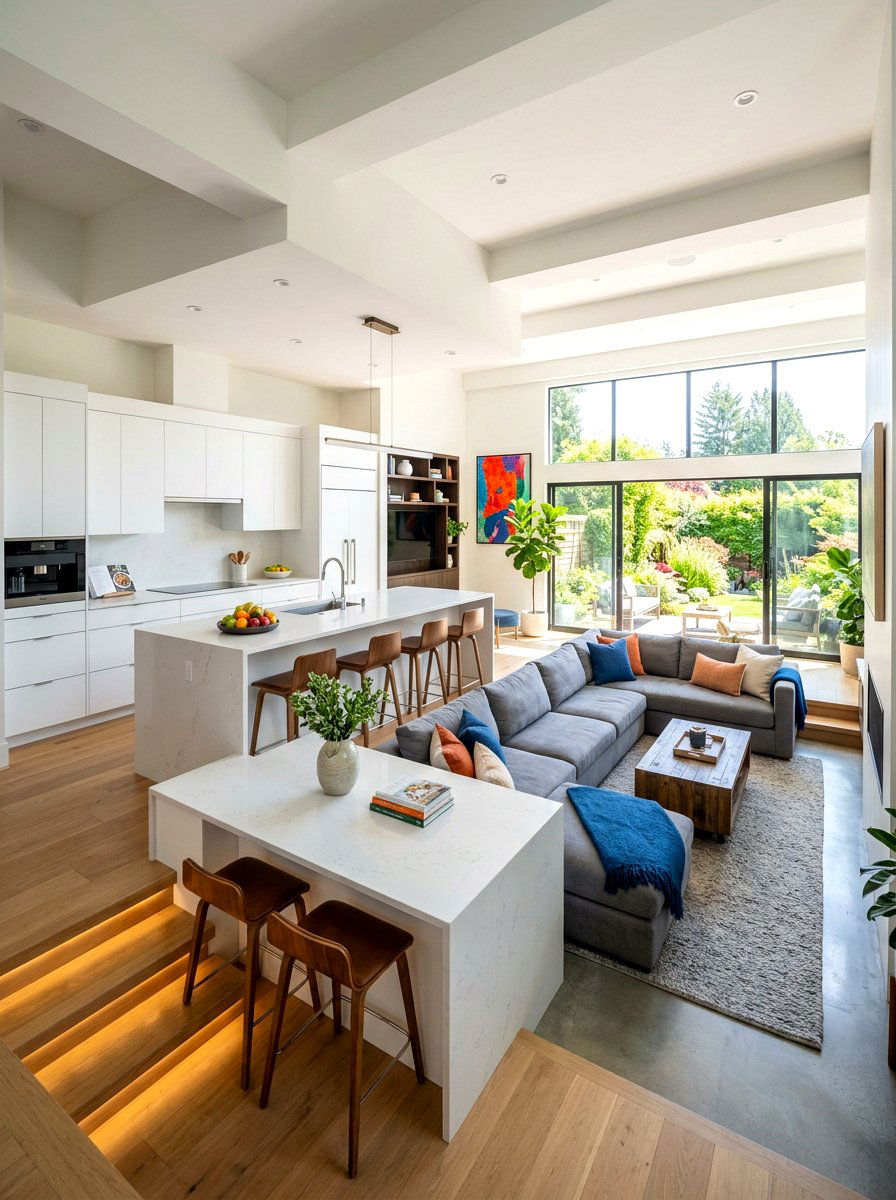 Open concept kitchen and sunken living room - 30 split level living room ideas