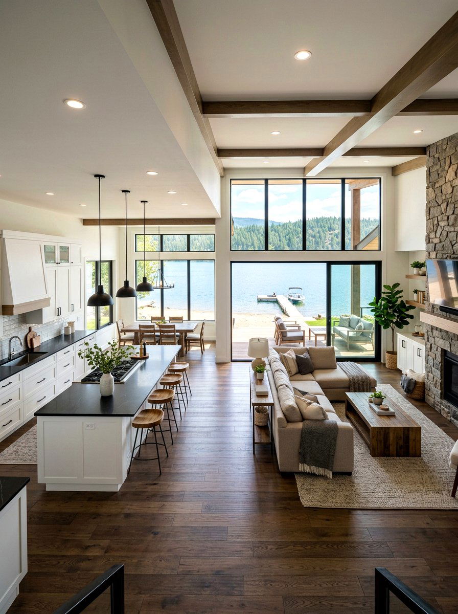 Open concept lake house - 30 lake house living room ideas