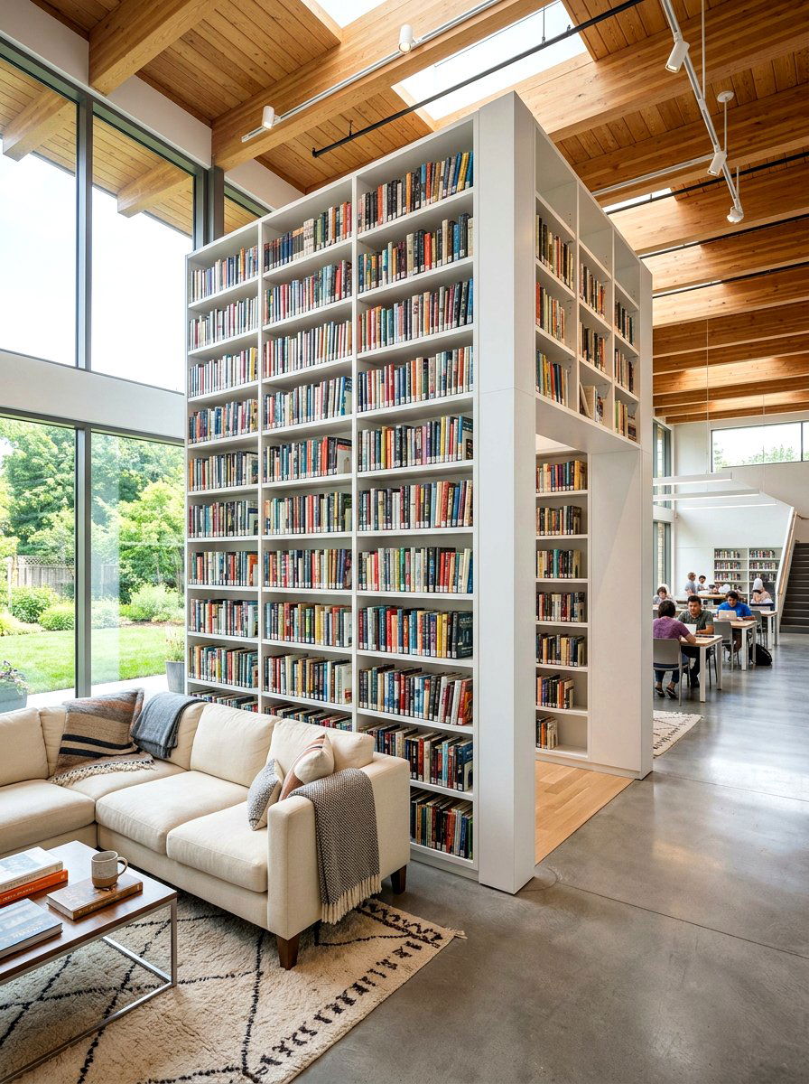 Open concept library - 30 screen free living room ideas