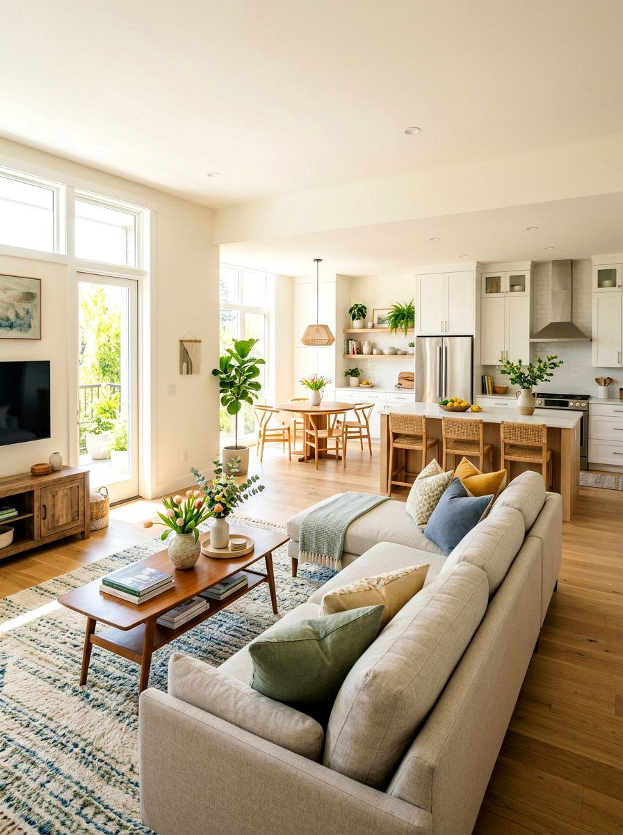 Open concept living room - 30 soft spring living room ideas