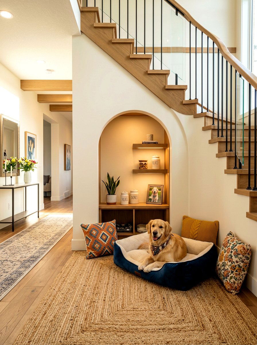 Open concept pet resting area - 30 under stairs pet room ideas aesthetic