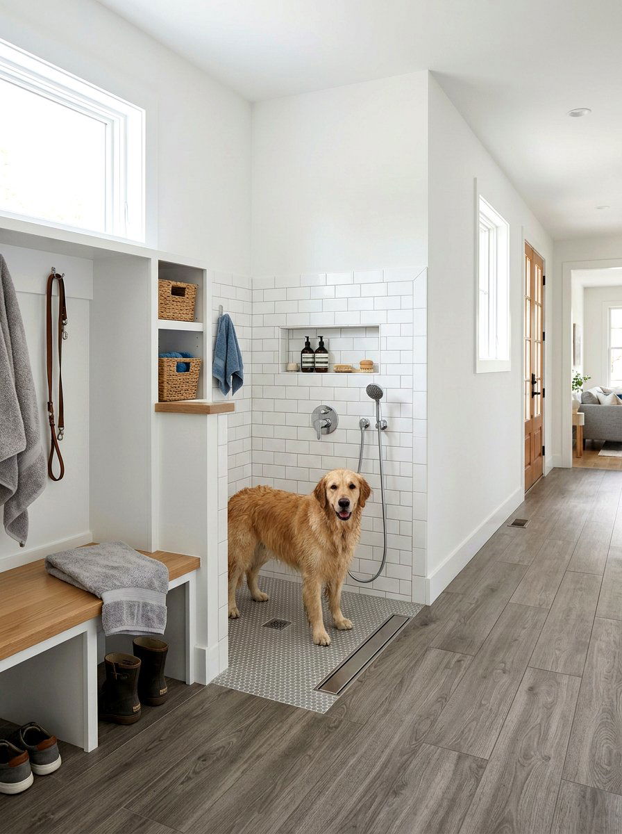 Open concept pet wash in mudroom - 30 pet washing station laundry ideas