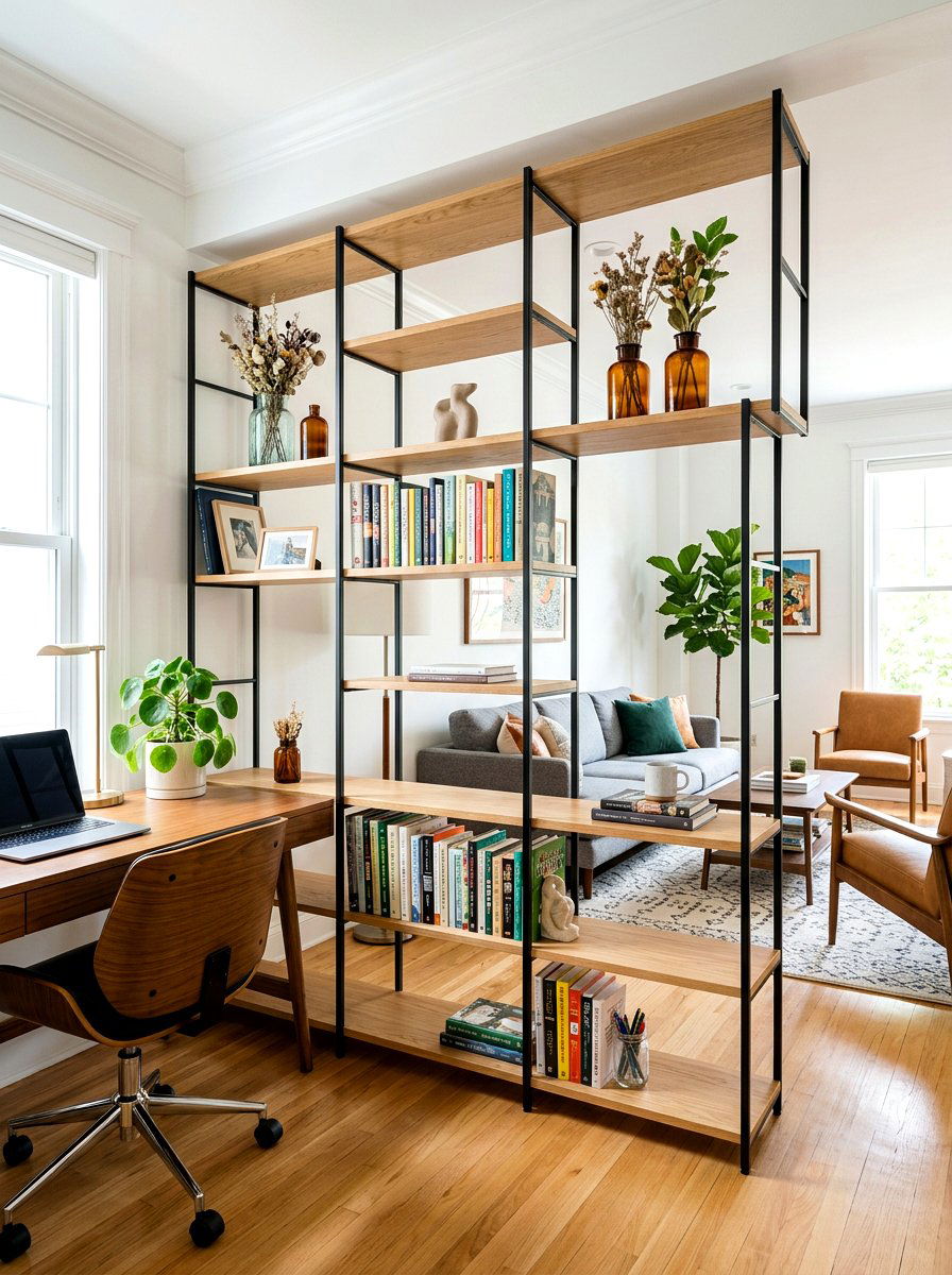 Open concept room divider bookshelf - 30 office bookshelf styling ideas