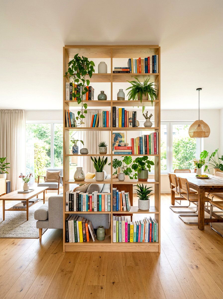 Open concept room divider bookshelf - 30 bookshelf styling living room ideas