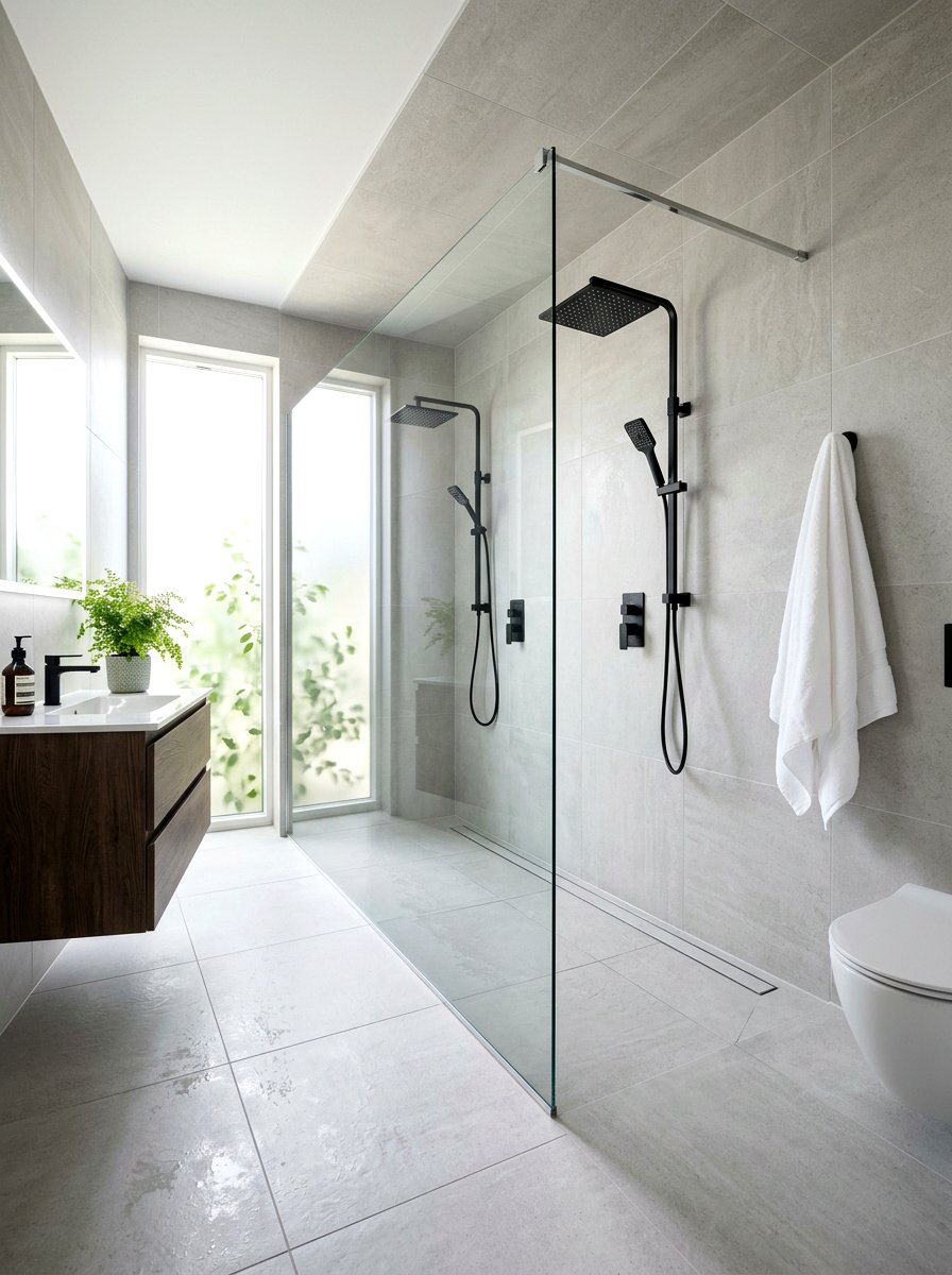 Open ended walk in shower - 30 double shower bathroom ideas