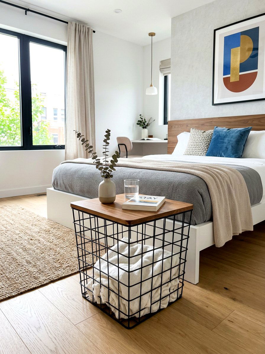 Open frame wire basket table - 30 guest room nightstand ideas
