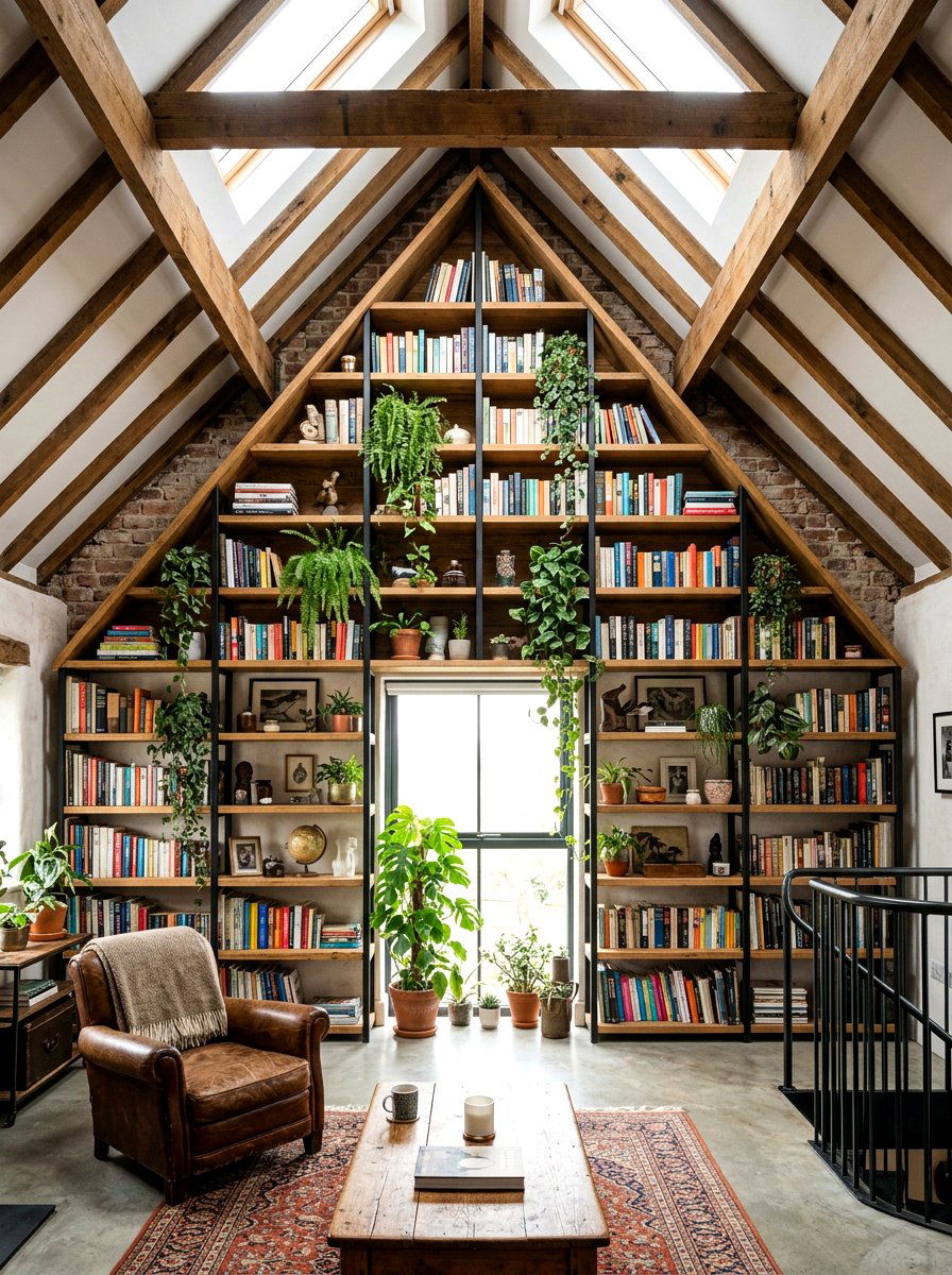 Open gable wall shelving - 30 attic bedroom storage ideas