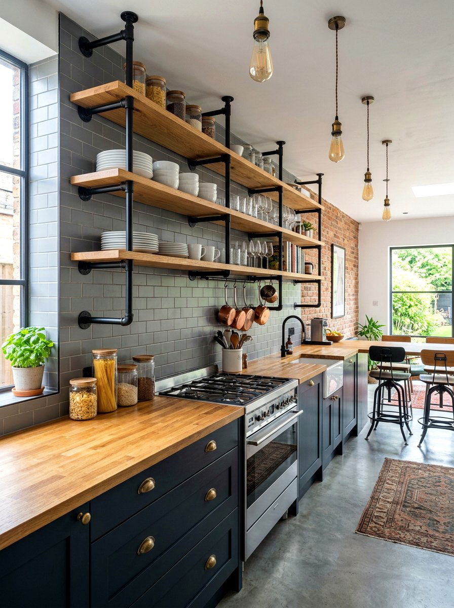 Open metal shelving units - 30 industrial farmhouse kitchen ideas